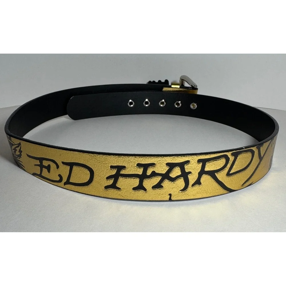 Ed Hardy Mens Gold Metallic Tattoo Print Belt Tiger Skull Snake Size 36 Y2K